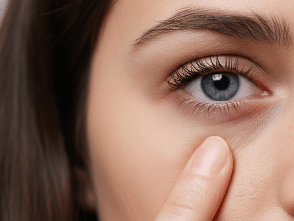 woman’s eye showing mild dark circles and natural skin texture, illustrating signs of tiredness, dehydration, or early aging around the delicate under-eye area.