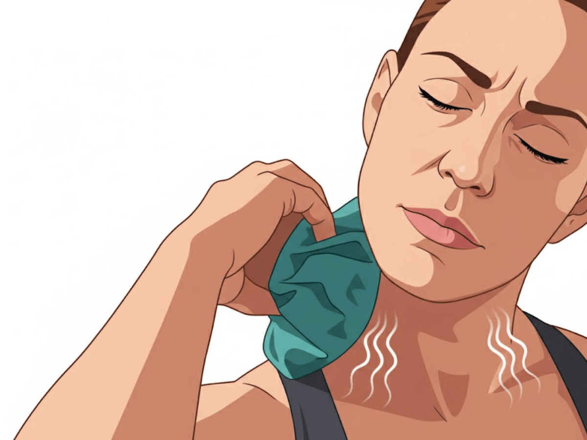Illustration of a woman using a warm compress on her neck to relieve muscle tension and discomfort, showing a common home remedy for orofacial and TMJ-related pain.