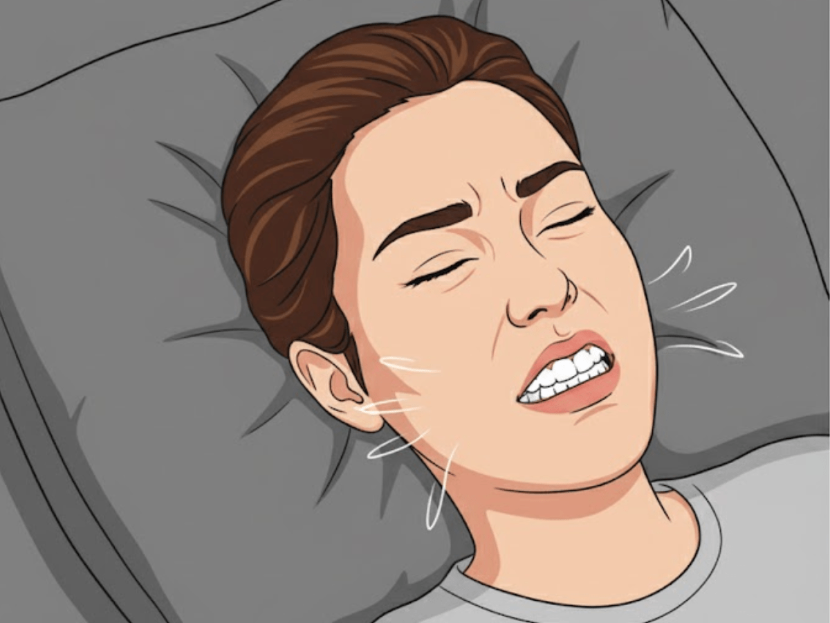 Illustration of a woman in bed clenching her teeth in pain, depicting nighttime teeth grinding or bruxism, a common cause of jaw tension, headaches, and orofacial pain.