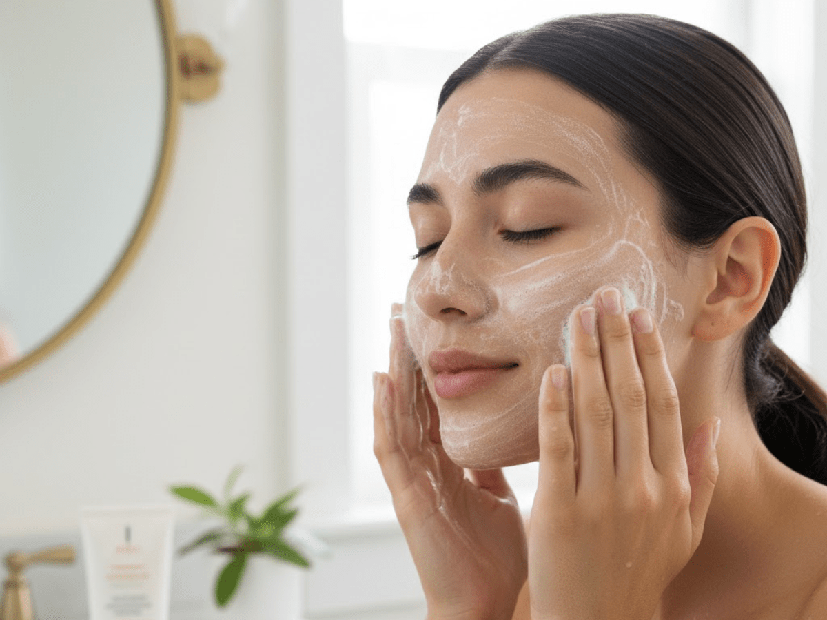 Woman washing her face with a gentle foaming cleanser, massaging the product into her skin as part of a daily skincare routine.