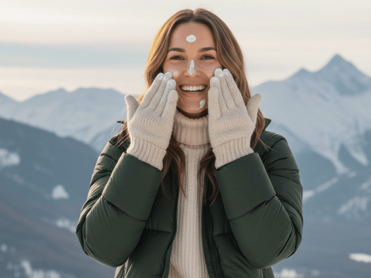 Smiling woman wearing winter clothing and gloves while applying sunscreen to her face outdoors in a snowy mountain setting.