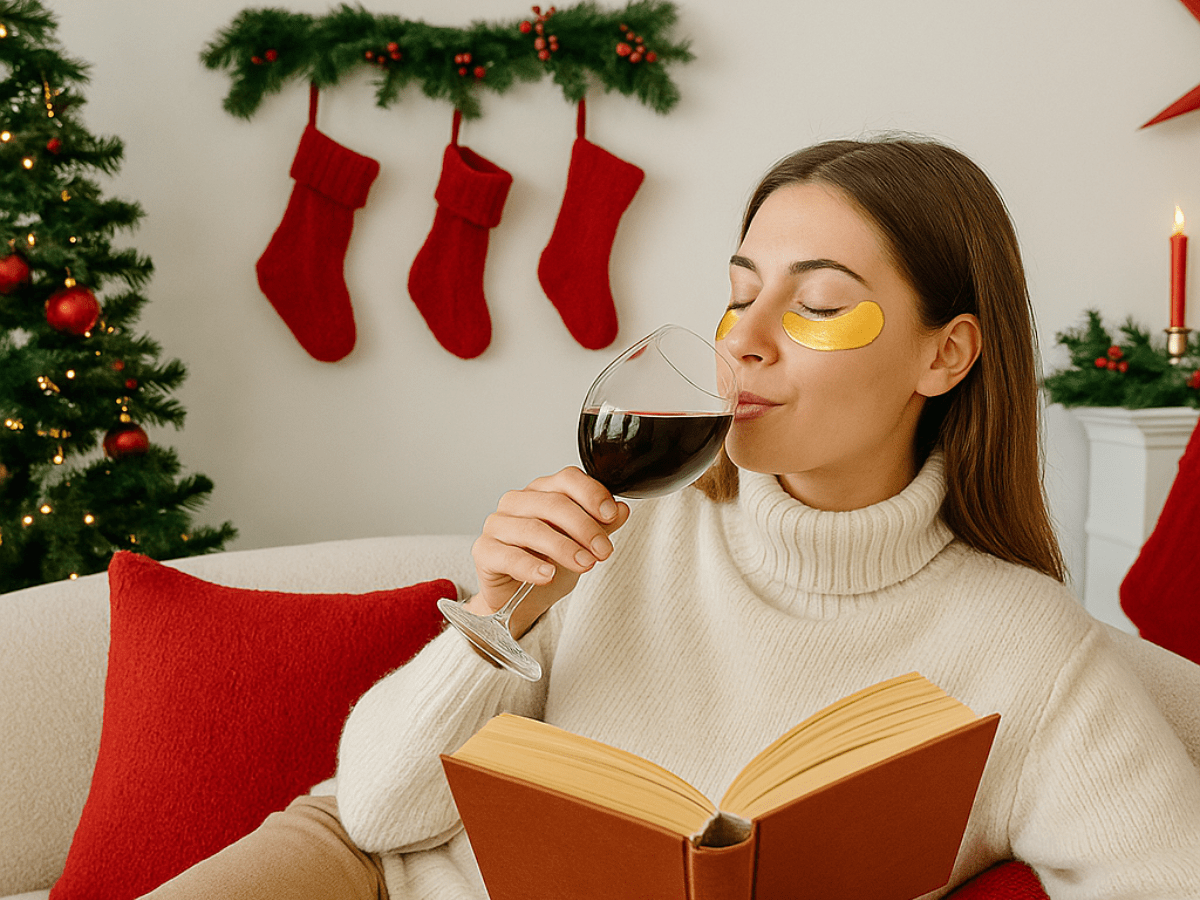 Woman relaxing during the holidays with gold under-eye patches, sipping wine, and reading a book in a cozy Christmas setting with stockings and decorations.