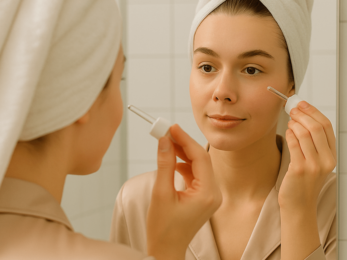 Woman with a towel-wrapped hair applying facial serum using a dropper while looking in the mirror during her skincare routine.