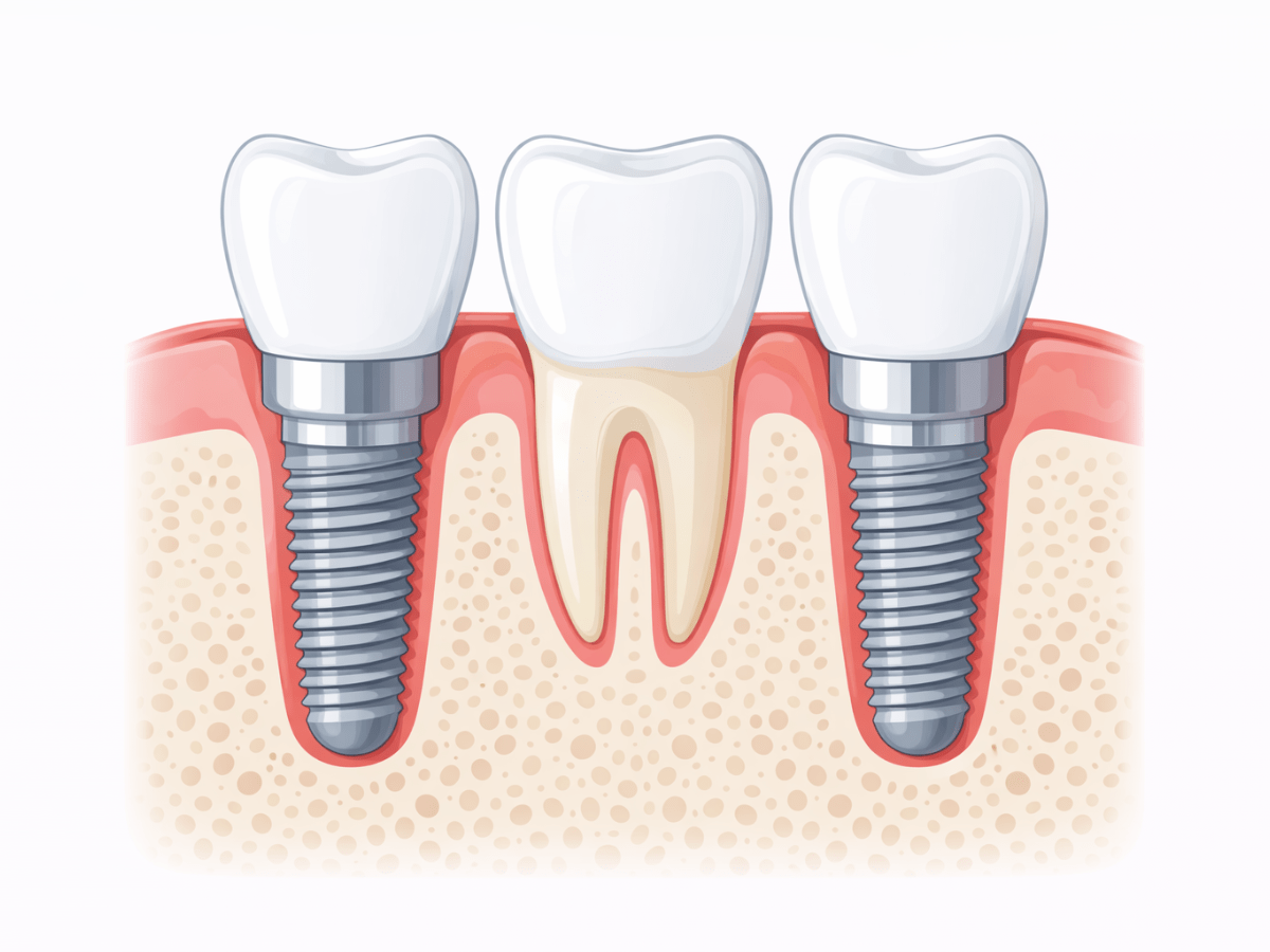 Illustration comparing dental implants and a natural tooth embedded in the jawbone and gums