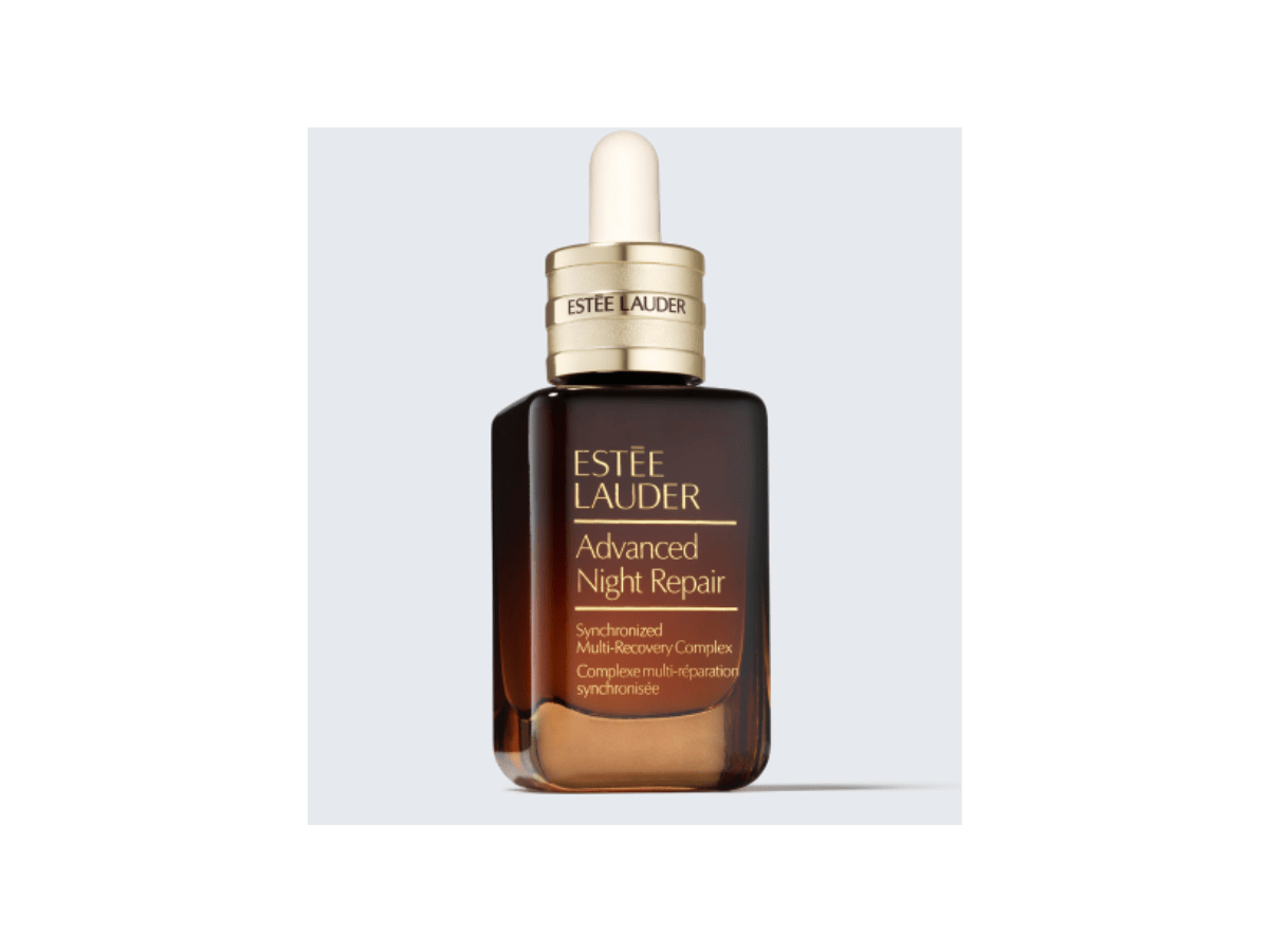 Bottle of Estée Lauder Advanced Night Repair serum with dropper, a popular anti-aging skincare treatment.