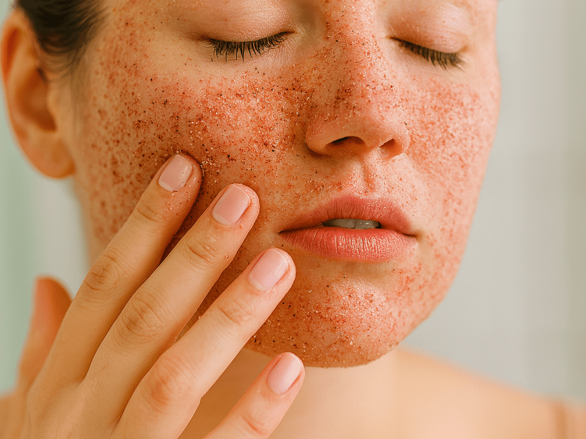 Close-up of a woman applying a gritty facial scrub, showing signs of over-exfoliation and irritated skin on her cheeks and chin.