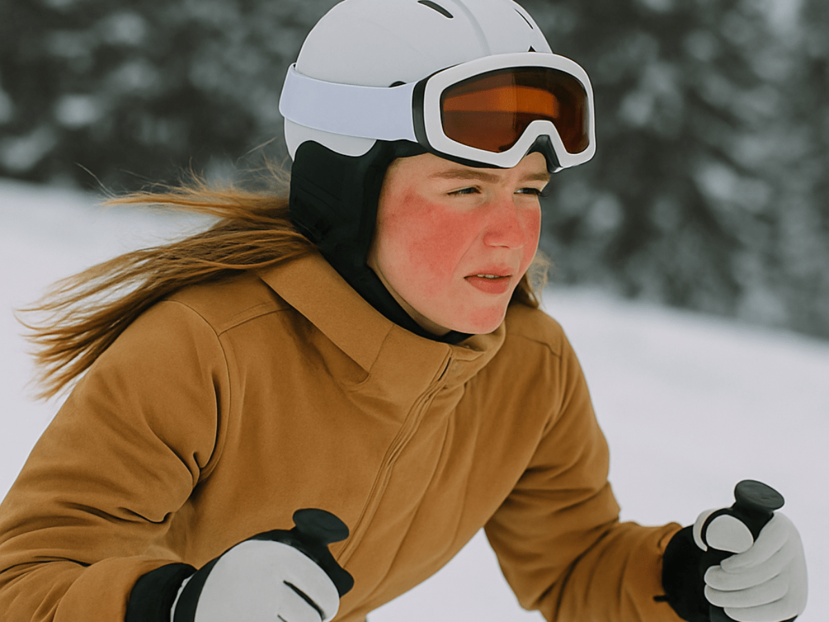 Girl skiing in cold weather with visibly red, irritated cheeks caused by windburn, wearing a helmet, goggles, and winter gear. 