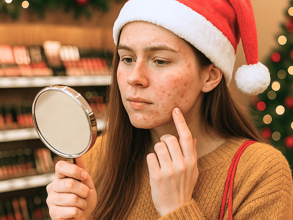 Young woman wearing a Santa hat examining acne breakouts on her cheek with a handheld mirror during the holiday season.