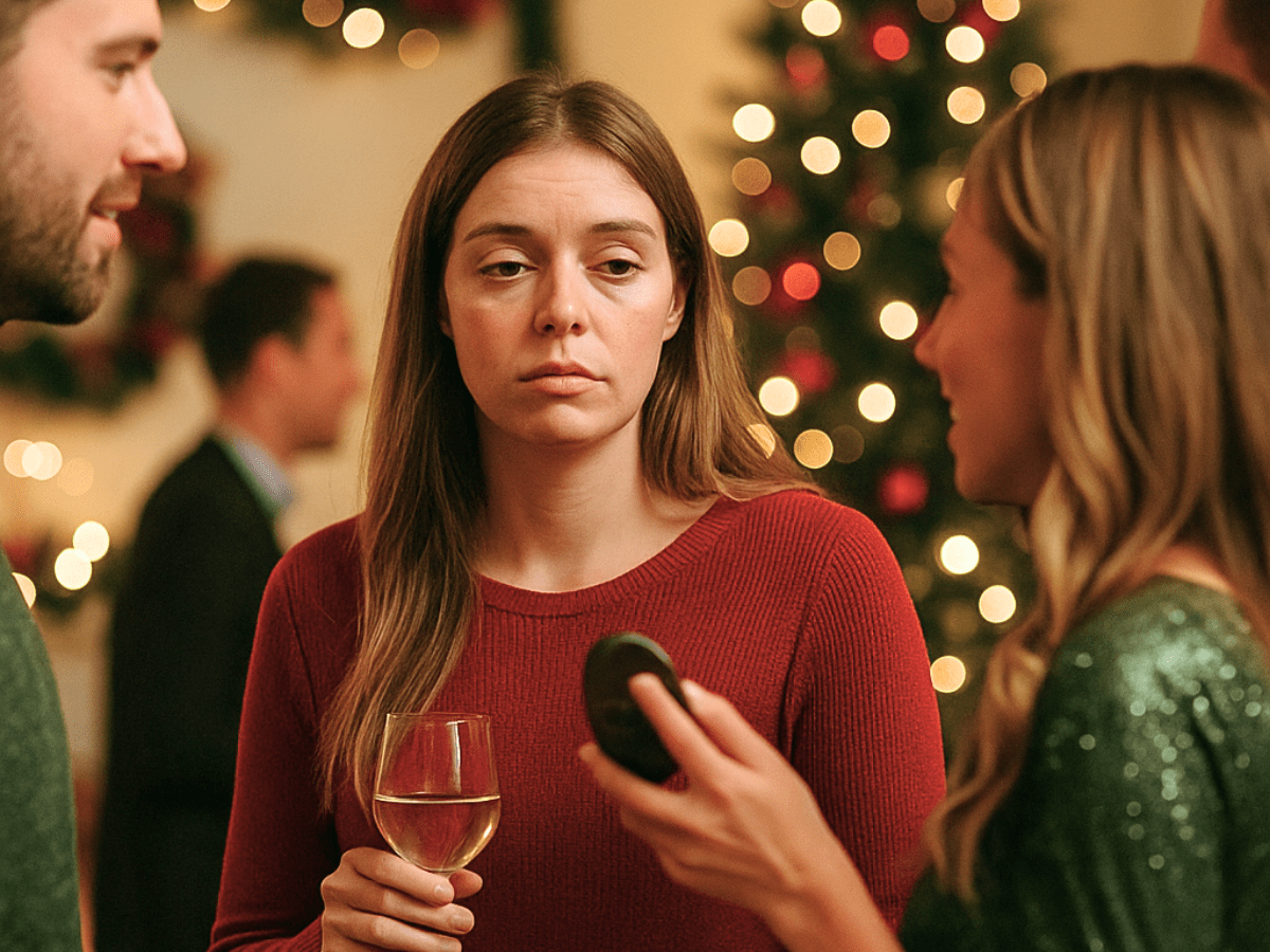 Tired-looking woman holding a drink at a holiday party, appearing fatigued while others socialize around her with Christmas decorations in the background.