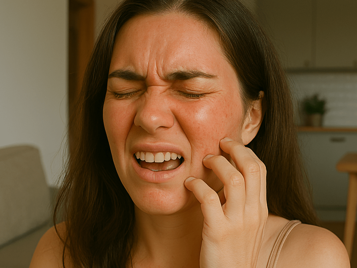 Woman experiencing facial irritation and redness while scratching her cheek, showing signs of itchy or sensitive skin.