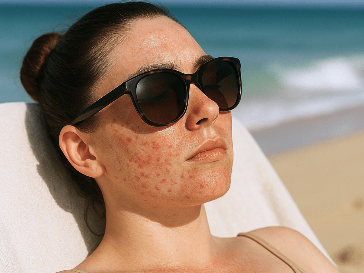 Woman with an acne flare-up relaxing on the beach, wearing sunglasses while sun exposure highlights redness and inflammation on her cheeks.