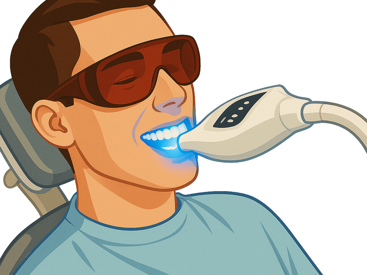 Illustration of a patient undergoing professional in-office teeth whitening using a blue light activation device while wearing protective eyewear.
