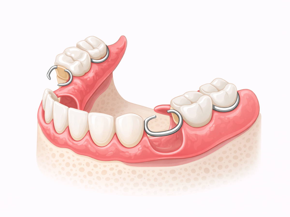 Illustration of a removable partial denture with metal clasps used to replace missing teeth