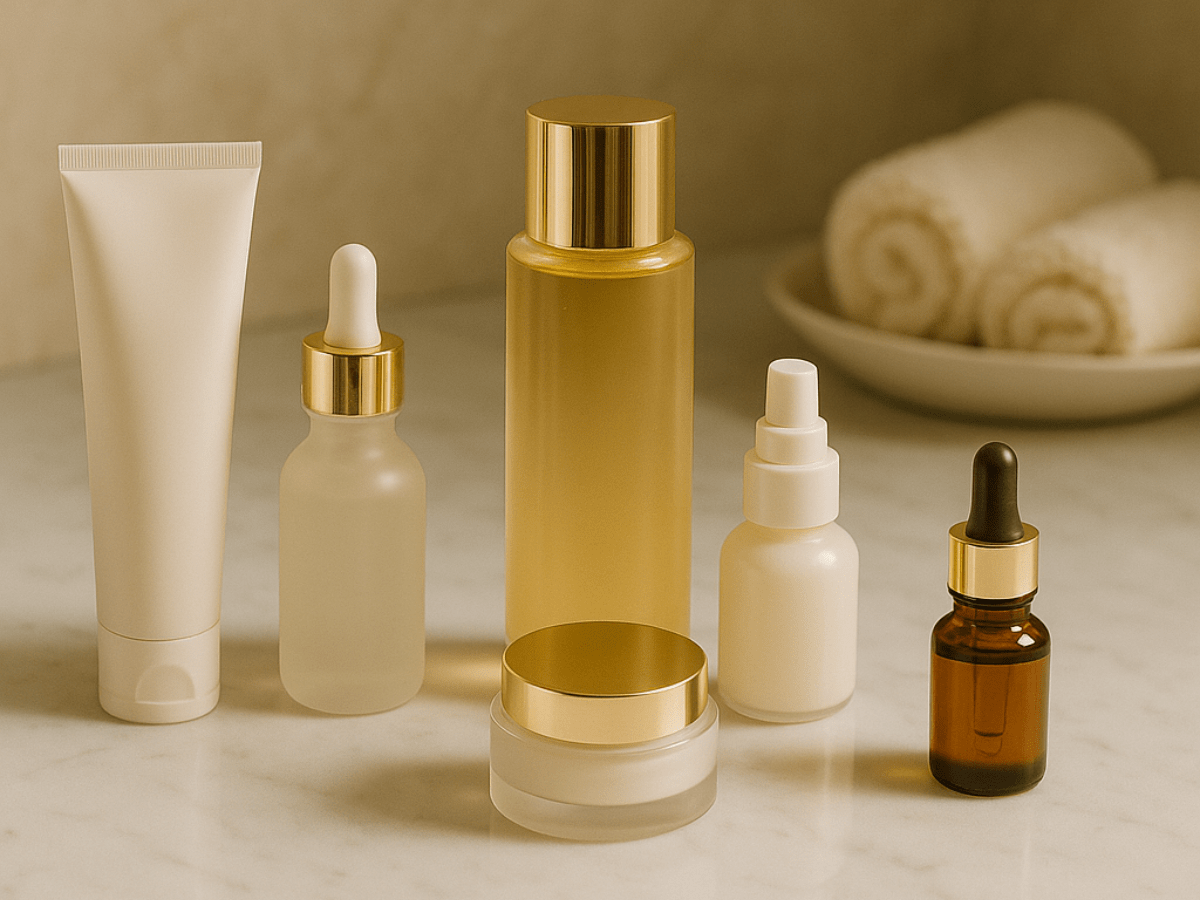SEO Alt Text

Assorted luxury skincare products arranged on a marble counter, including serums, creams, and bottles with gold accents in a spa-like setting.