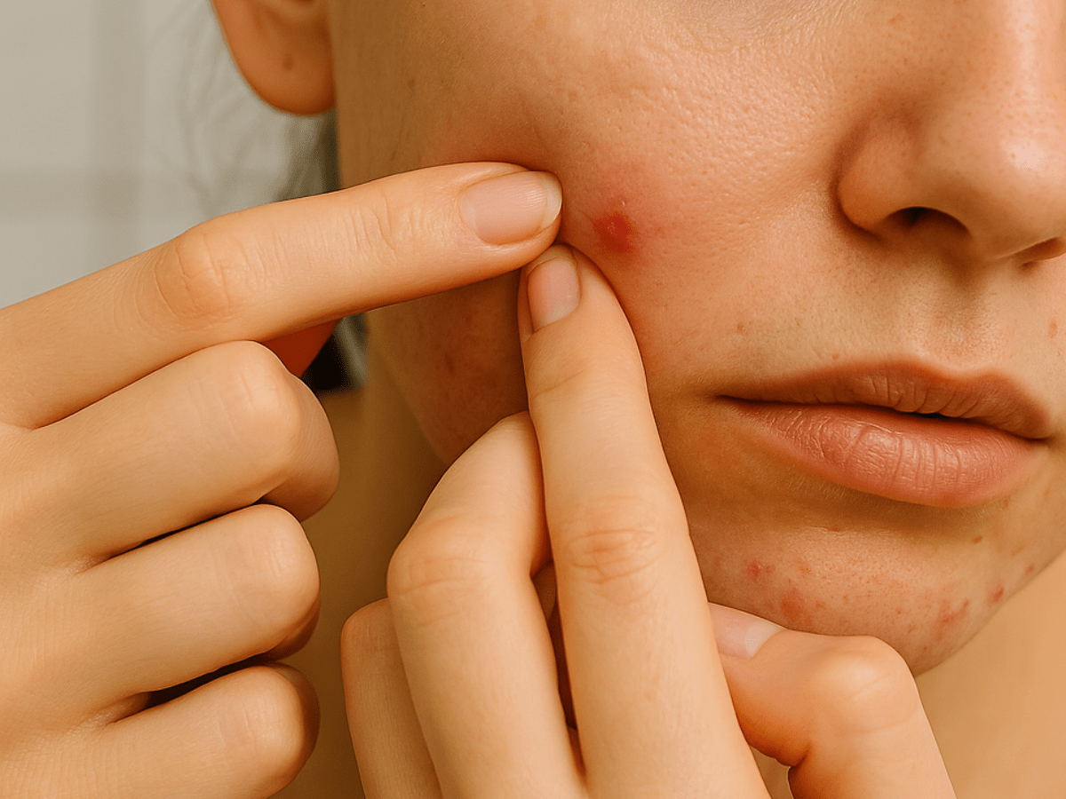 Close-up of a person squeezing an inflamed pimple on their cheek, showing redness and acne irritation.