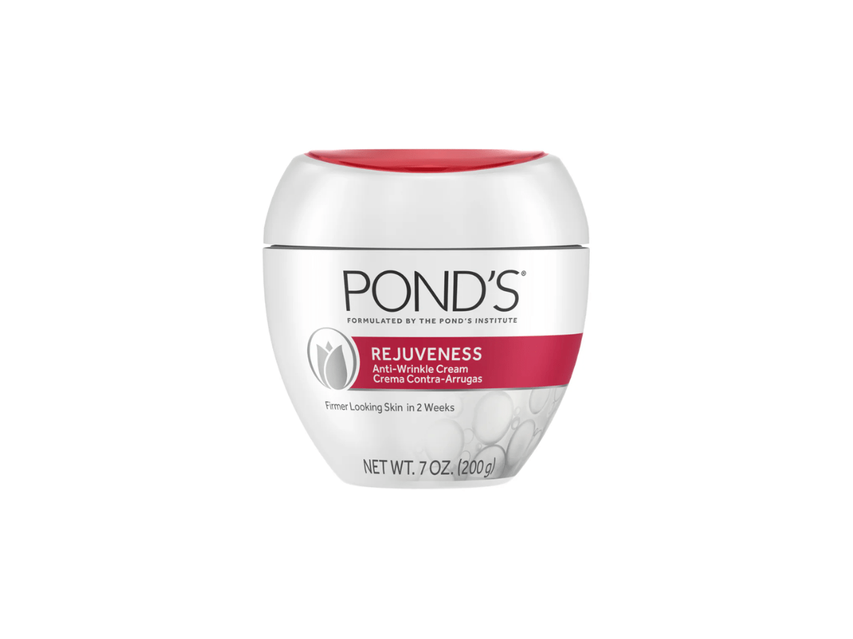 Jar of Pond’s Rejuveness Anti-Wrinkle Cream, a firming moisturizer designed to reduce fine lines and improve skin smoothness.