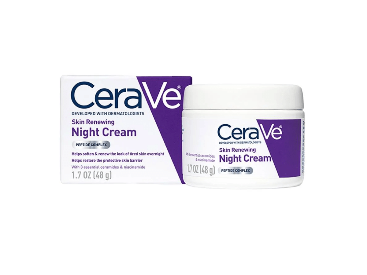 CeraVe Skin Renewing Night Cream with ceramides, peptides, and niacinamide, designed to soften skin and support the protective skin barrier overnight.
