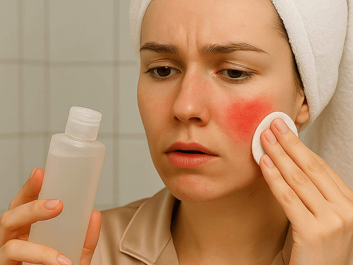 Woman with facial redness using a cotton pad and toner, showing visible skin irritation and sensitivity during skincare routine.