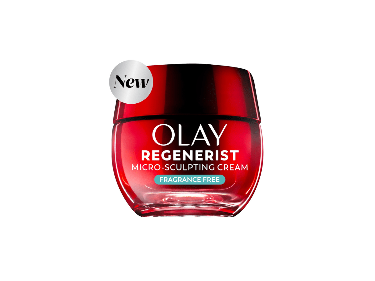 Jar of Olay Regenerist Micro-Sculpting Cream (Fragrance-Free), a hydrating anti-aging moisturizer designed to firm and plump the skin.