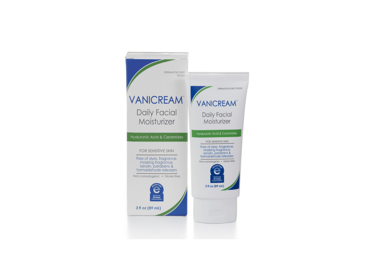 Vanicream Daily Facial Moisturizer with hyaluronic acid and ceramides, formulated for sensitive skin and free of dyes, fragrance, lanolin, parabens, and formaldehyde releasers.