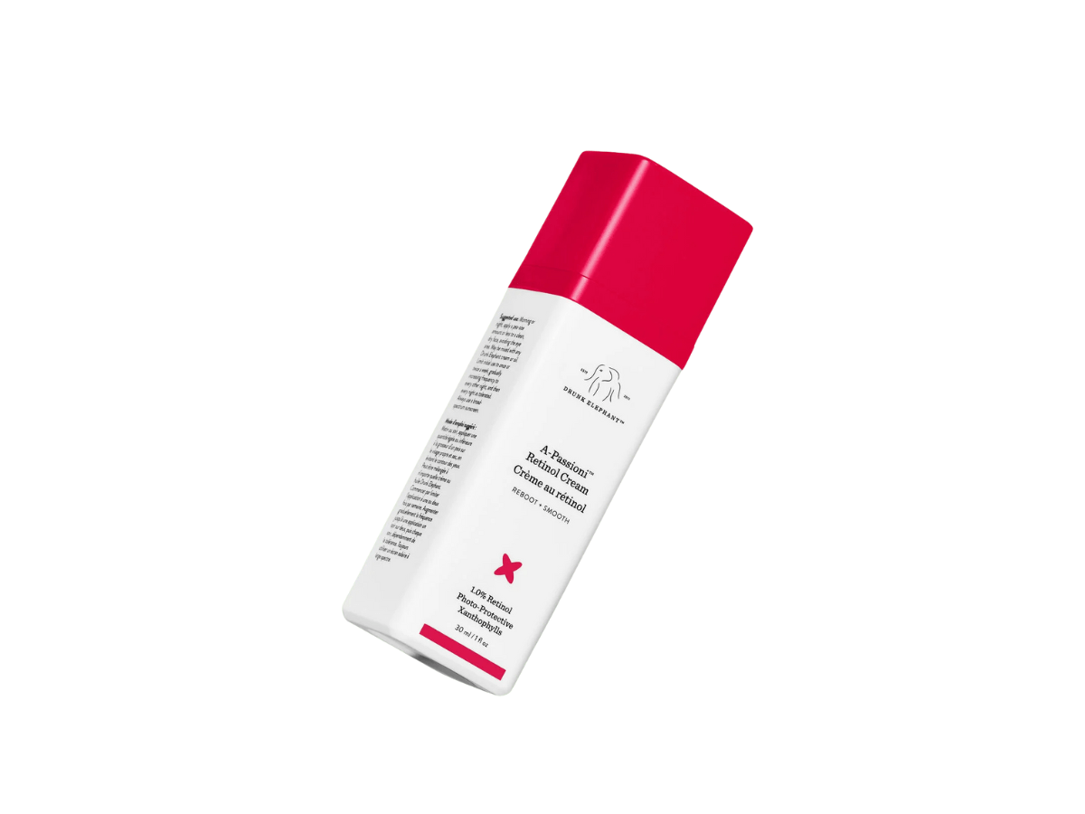 Bottle of Drunk Elephant A-Passioni Retinol Cream, a high-strength retinol formula designed to improve fine lines, texture, and overall skin firmness.
