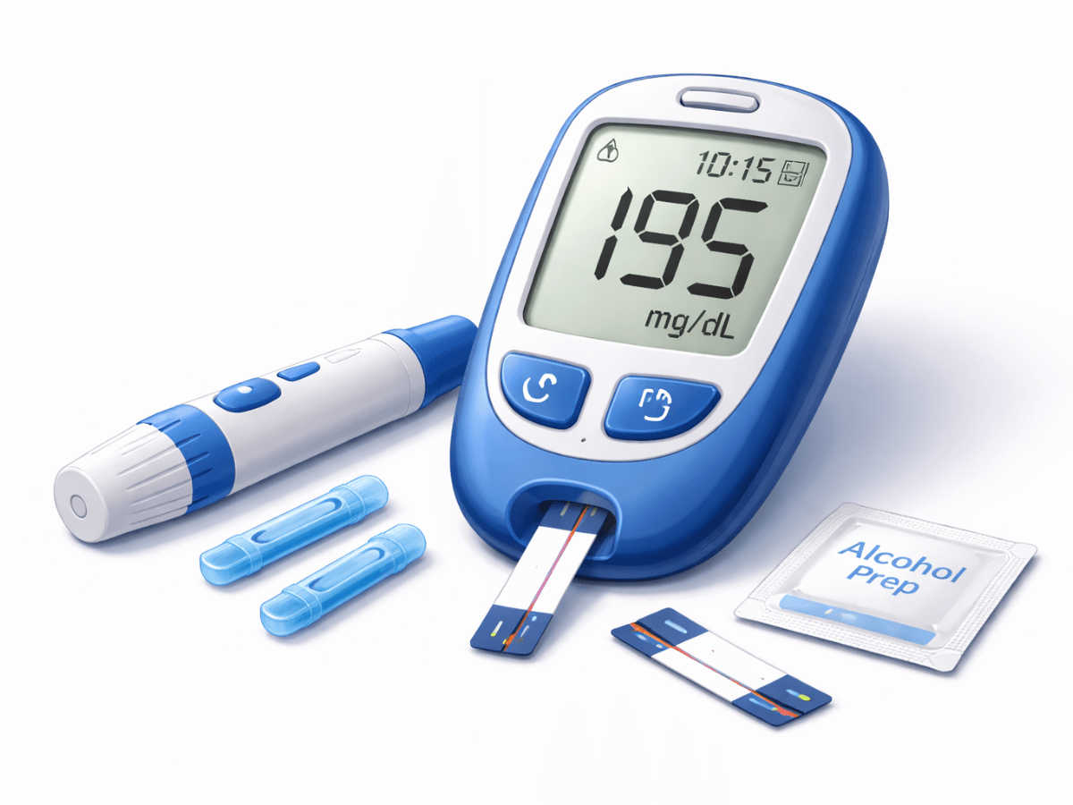 Digital blood glucose meter displaying a reading of 195 mg/dL with testing supplies used for diabetes monitoring
