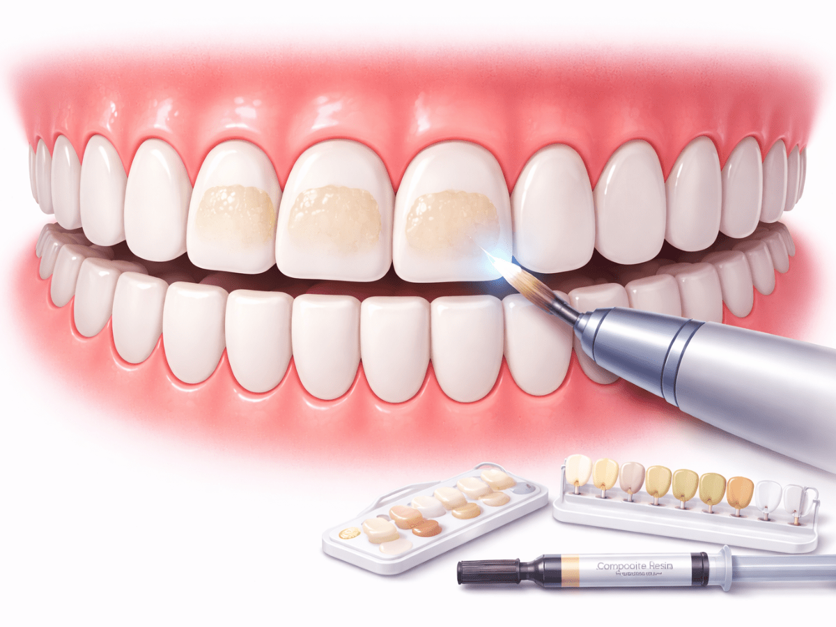 Dentist applying composite resin to restore discolored front teeth