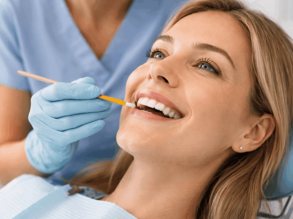 Dentist examining a patient’s teeth during a cosmetic dental consultation in a modern dental office