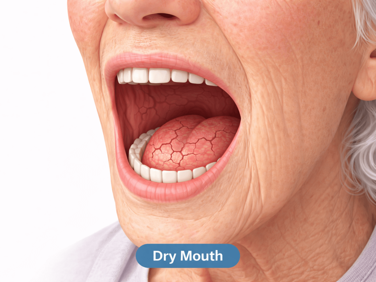 Close-up illustration of an older adult with dry mouth, showing a cracked tongue and reduced saliva