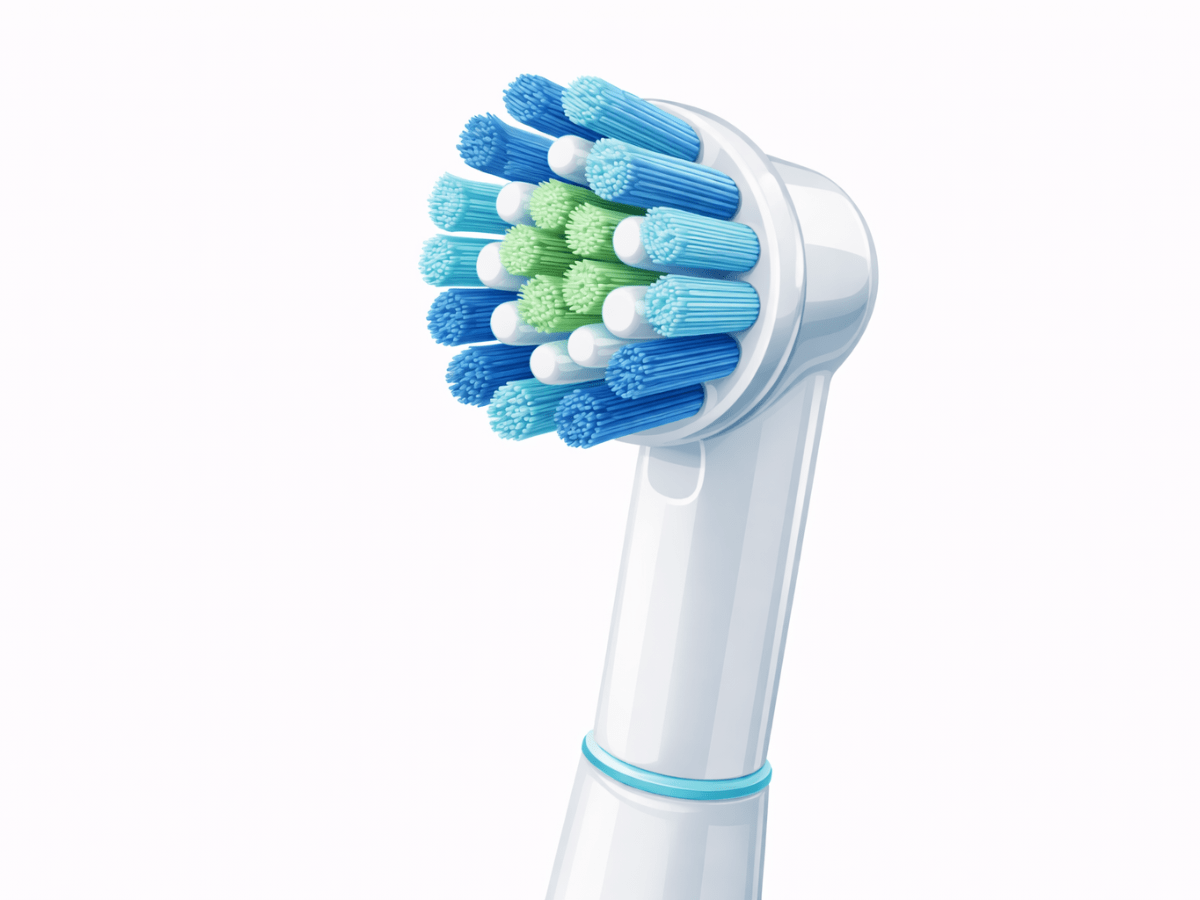 Close-up of an electric toothbrush brush head with soft, rounded bristles designed for effective