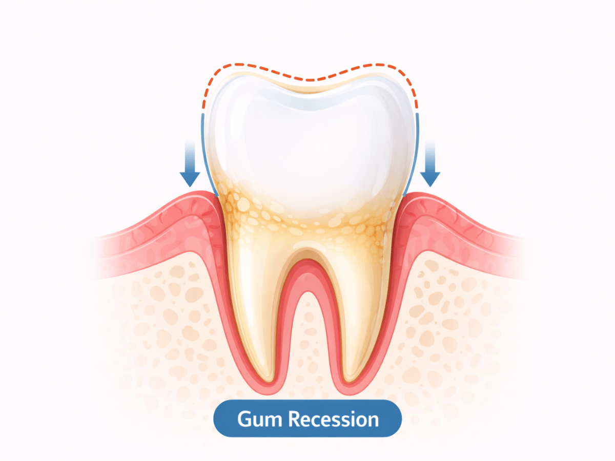 Illustration showing gum recession where the gumline pulls back, exposing the tooth root and increasing sensitivity