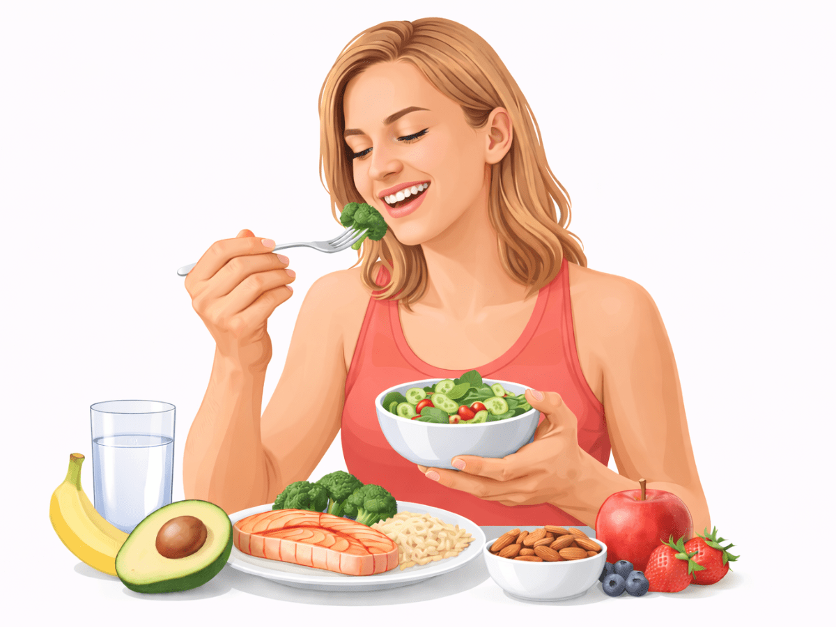 Woman eating a balanced meal with vegetables, fruit, and protein, foods that help support healthy teeth and gums