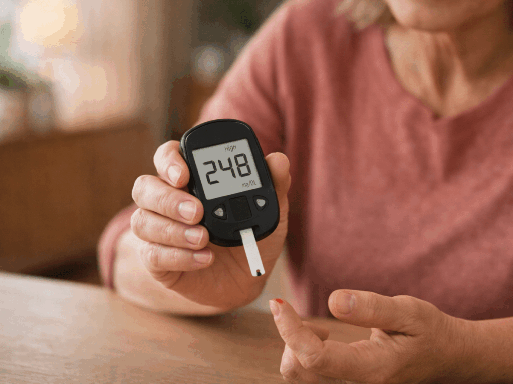Person checking blood sugar levels with a glucose meter showing a high reading