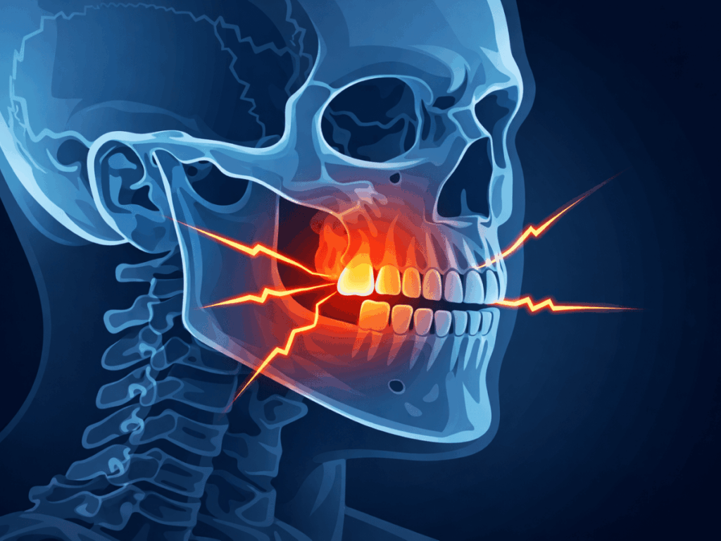 X-ray style medical illustration showing jaw pain caused by inflamed tooth nerves, with highlighted pain radiating through the teeth and jawbone