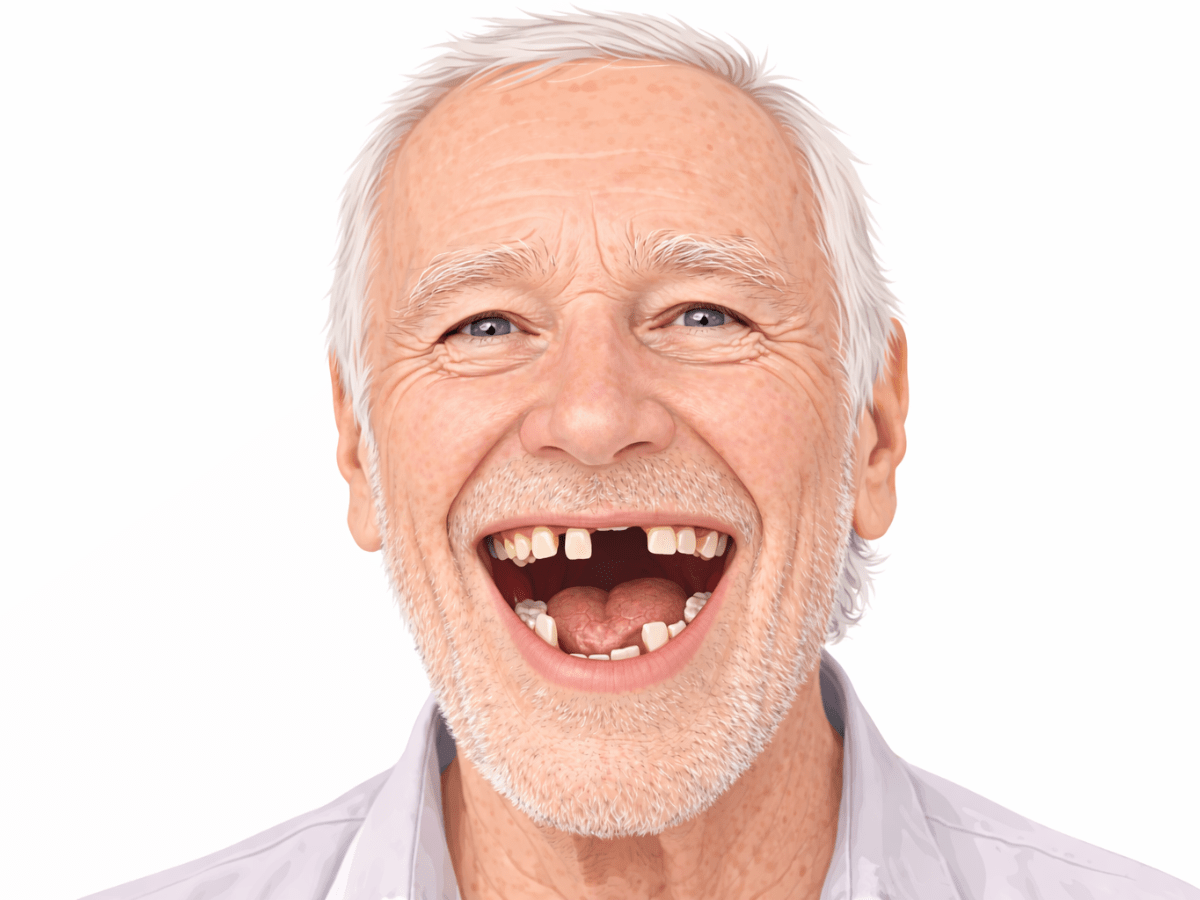 Older man smiling with multiple missing teeth, illustrating advanced tooth loss and the need for dental restoration