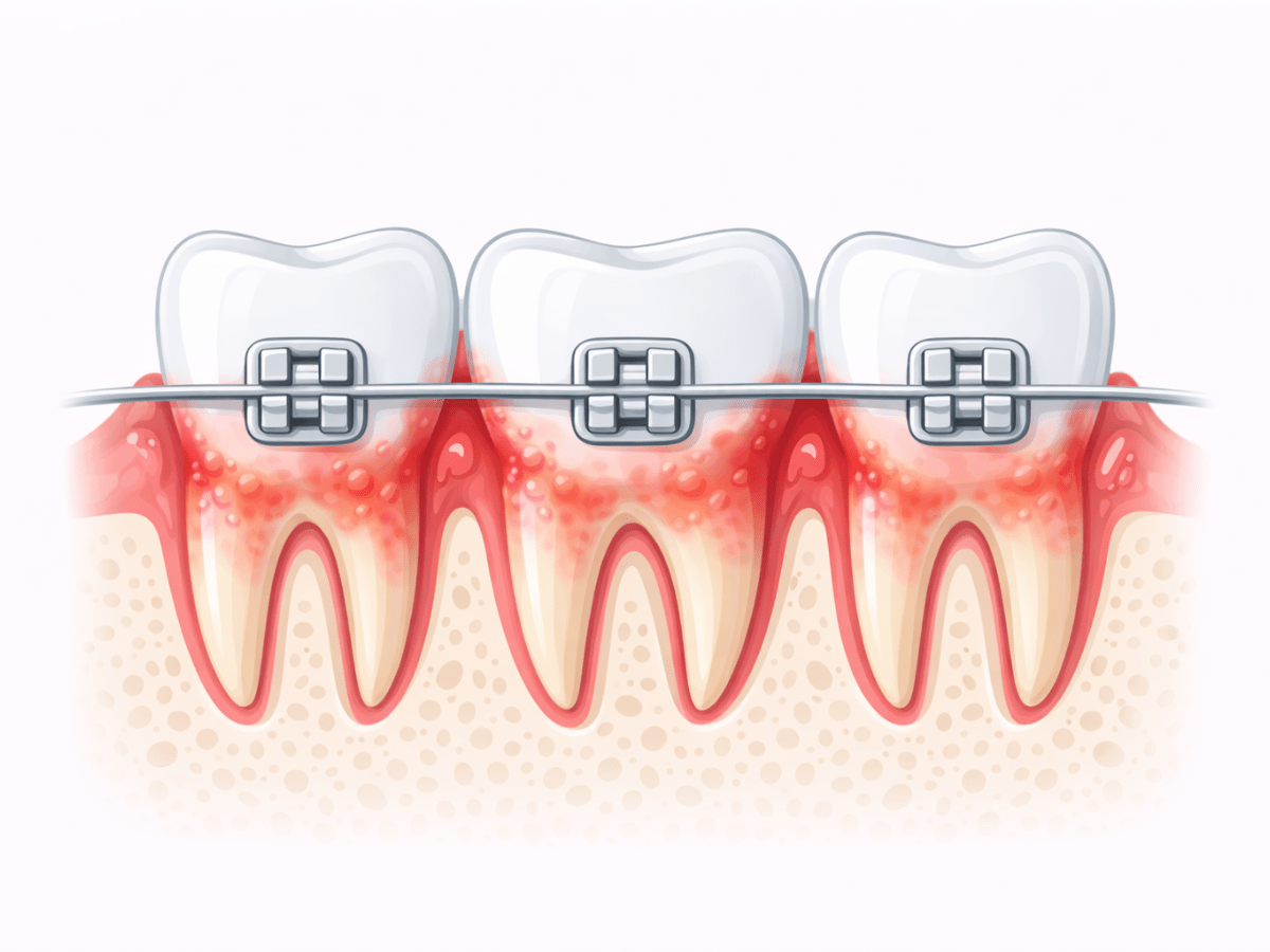Illustration showing inflamed, swollen gums around orthodontic brackets and wires