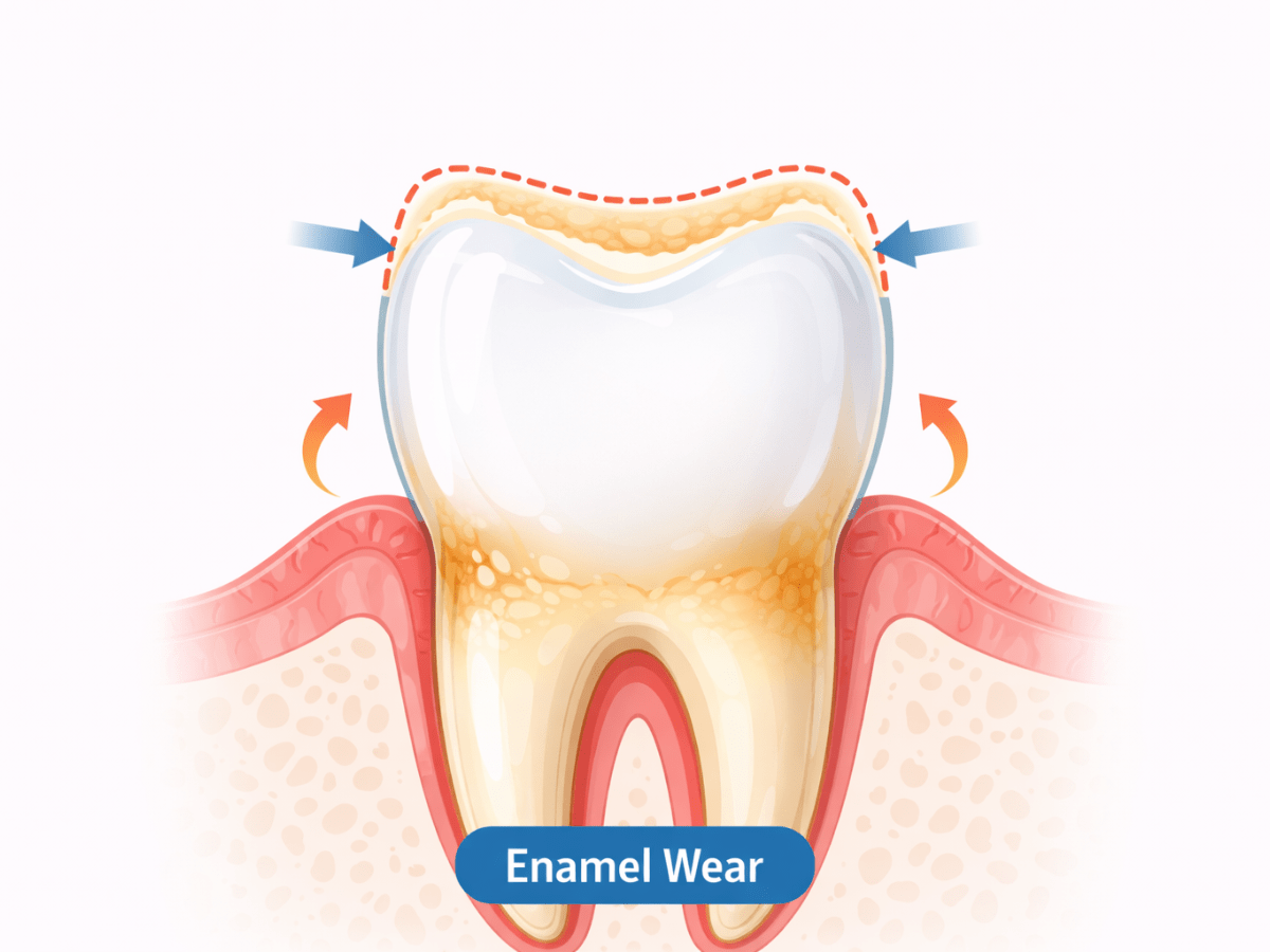 Illustration showing tooth enamel wear, with thinning enamel exposing underlying layers and increasing sensitivity