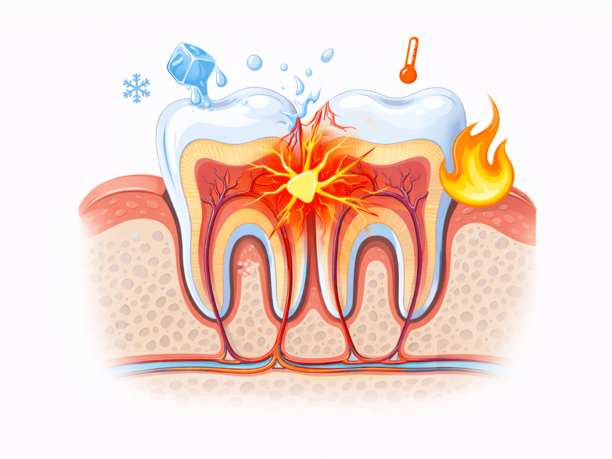 Cross-section illustration of a sensitive tooth showing exposed dentin and inflamed pulp reacting to hot and cold temperatures