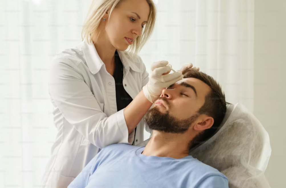 A man receives an eyebrow waxing treatment from a woman in a beauty salon setting. 