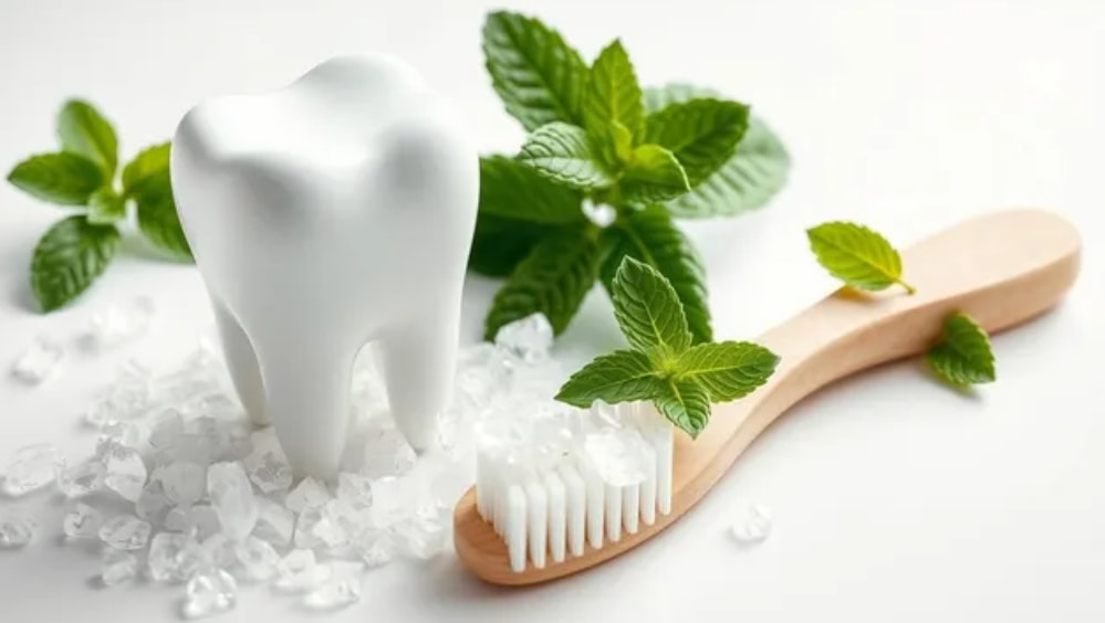 A white tooth model surrounded by mint leaves and a wooden toothbrush on a bed of crystals. Freshness and dental care theme.