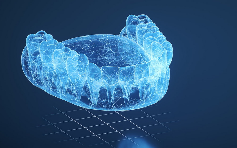 A glowing blue tooth, radiating a soft blue light against a neutral background.