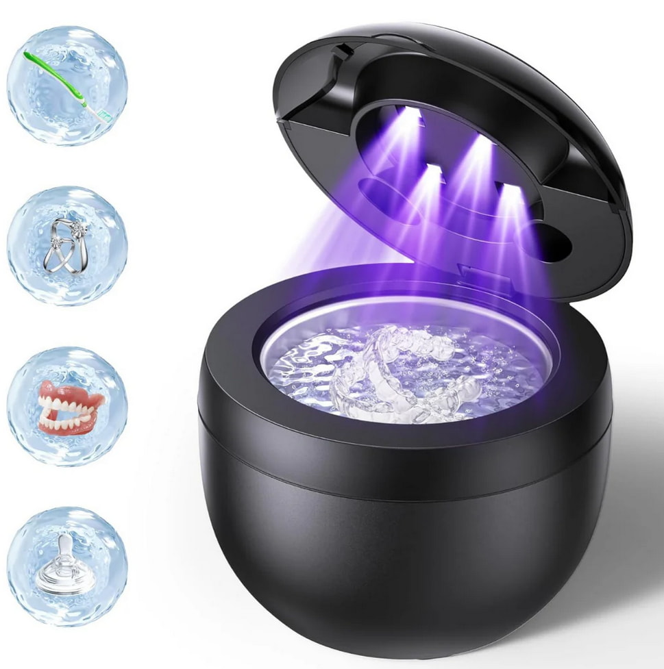 A black and purple illuminated toilet bowl beside a toothbrush, showcasing a unique and modern bathroom design. 
