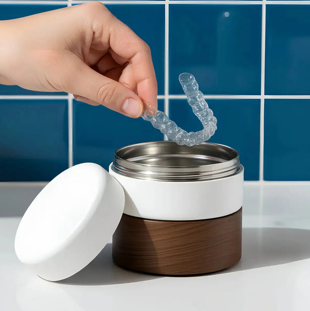 A person squeezes toothpaste into a toothbrush while holding a container in their other hand. 