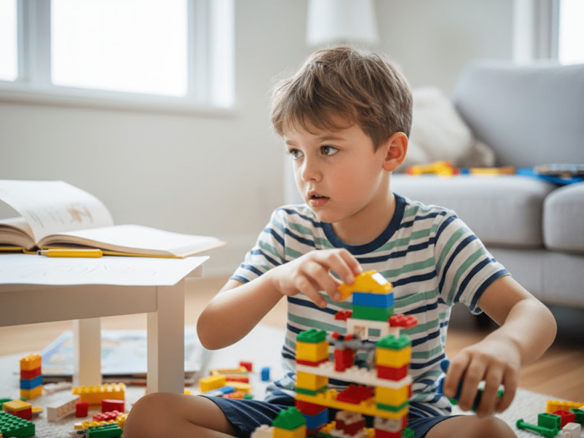 Young boy sitting on the floor building a colorful LEGO structure, focused on imaginative play in a bright living room.