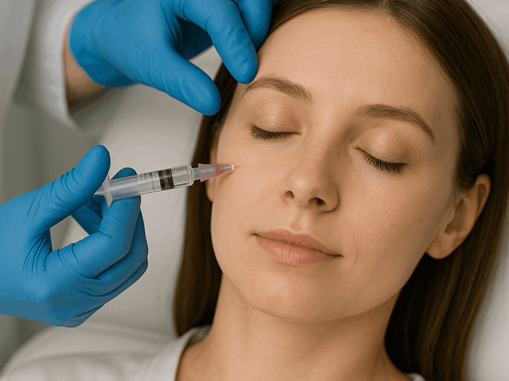 Close-up of a woman receiving a cosmetic facial injection near the eye area, a common treatment for reducing fine lines and wrinkles.