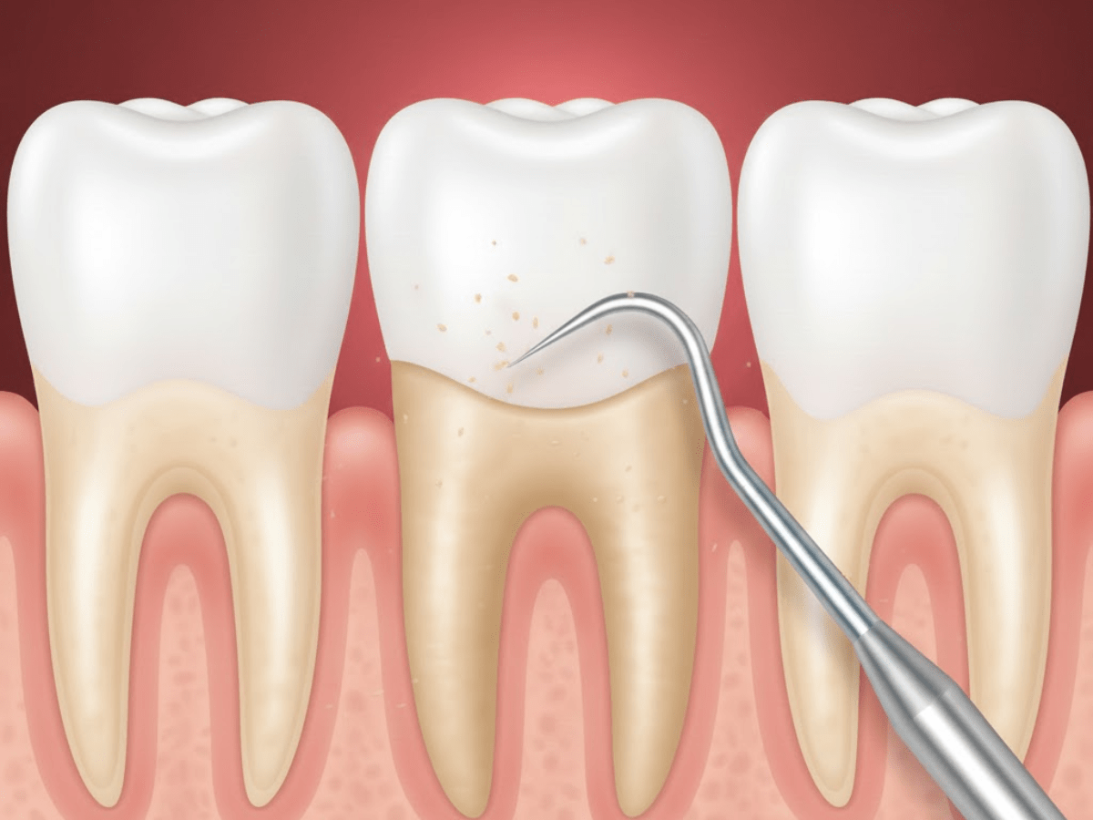 Illustration showing a dental scaler removing light tartar buildup from the lower portion of a tooth during a professional cleaning.