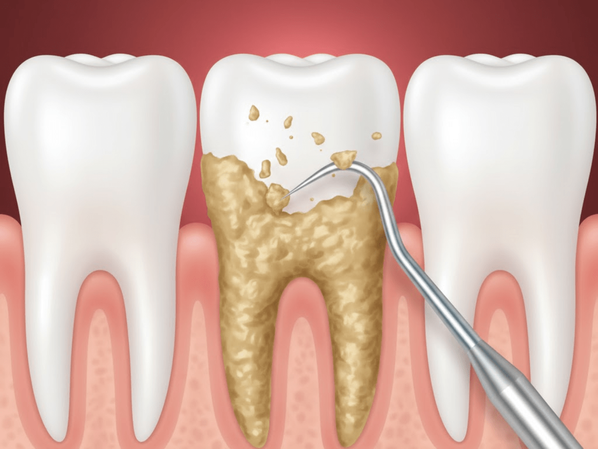 Illustration showing a dental scaler removing thick tartar buildup from a tooth surface during a professional deep cleaning.