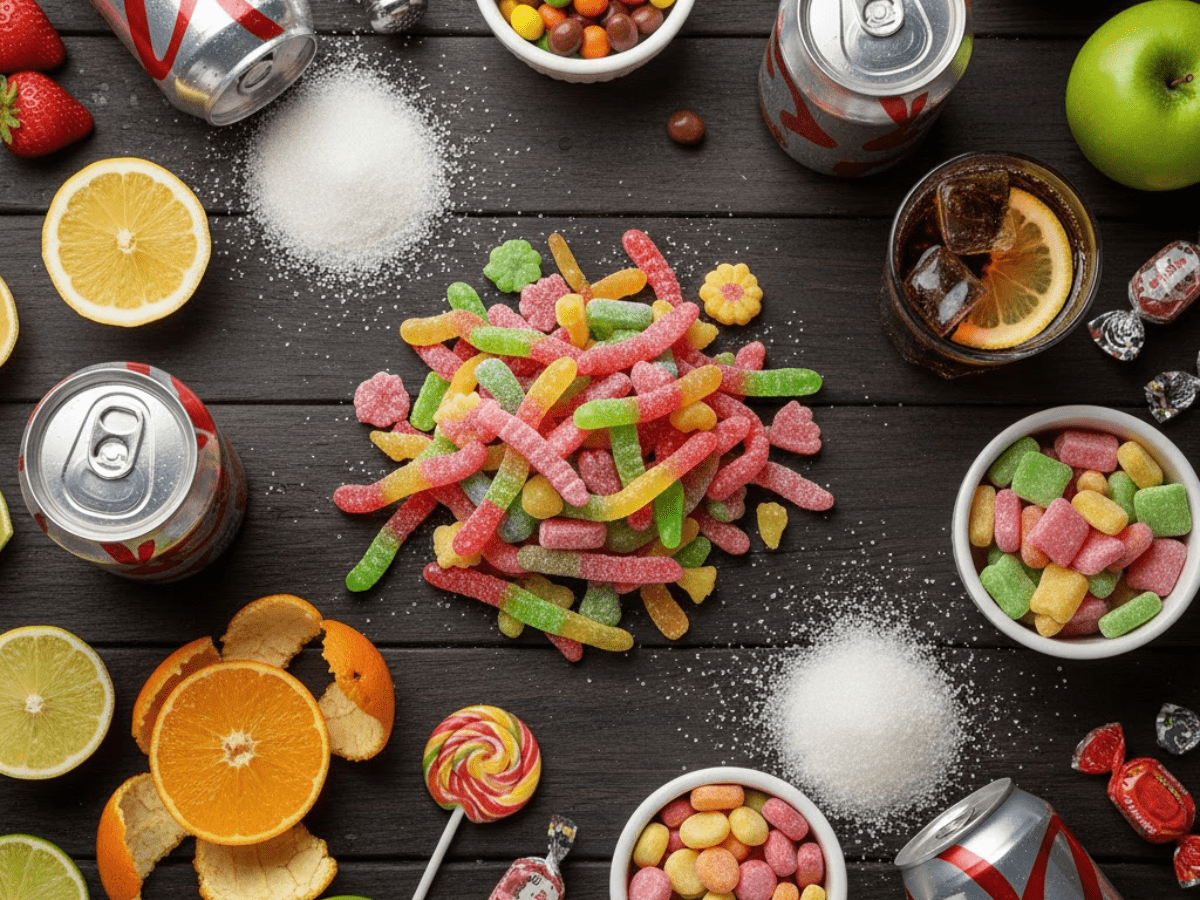 Assortment of sugary candies, sodas, and citrus fruits spread across a table, illustrating foods and drinks that contribute to tooth decay and enamel erosion.
