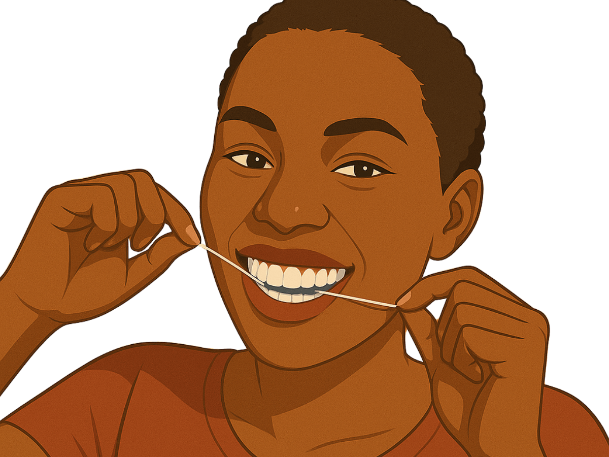 Illustration of a person flossing their teeth, demonstrating proper interdental cleaning for healthy gums and plaque removal.