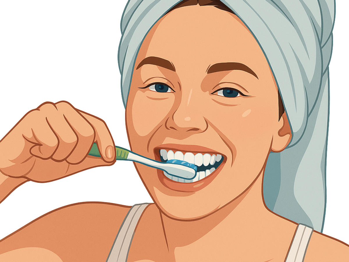 Illustration of a woman brushing her teeth with a towel wrapped around her hair, demonstrating a proper daily oral hygiene routine.